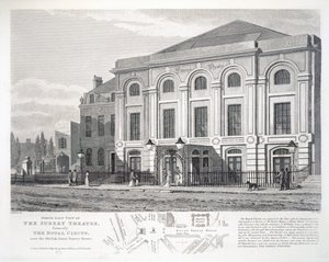 Noordoostelijk uitzicht op het Surrey Theatre, voorheen The Royal Circus, nabij de Obelisk, Great Surrey Street, gegraveerd door William Wise, uitgegeven door Robert Wilkinson, Londen door George Shepherd